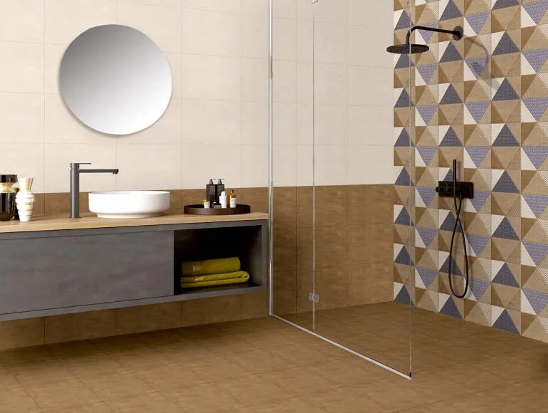 Washbasin design with patterned brown tiles